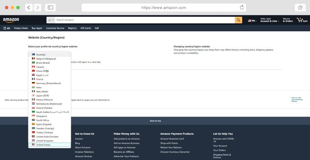 Amazon country list website